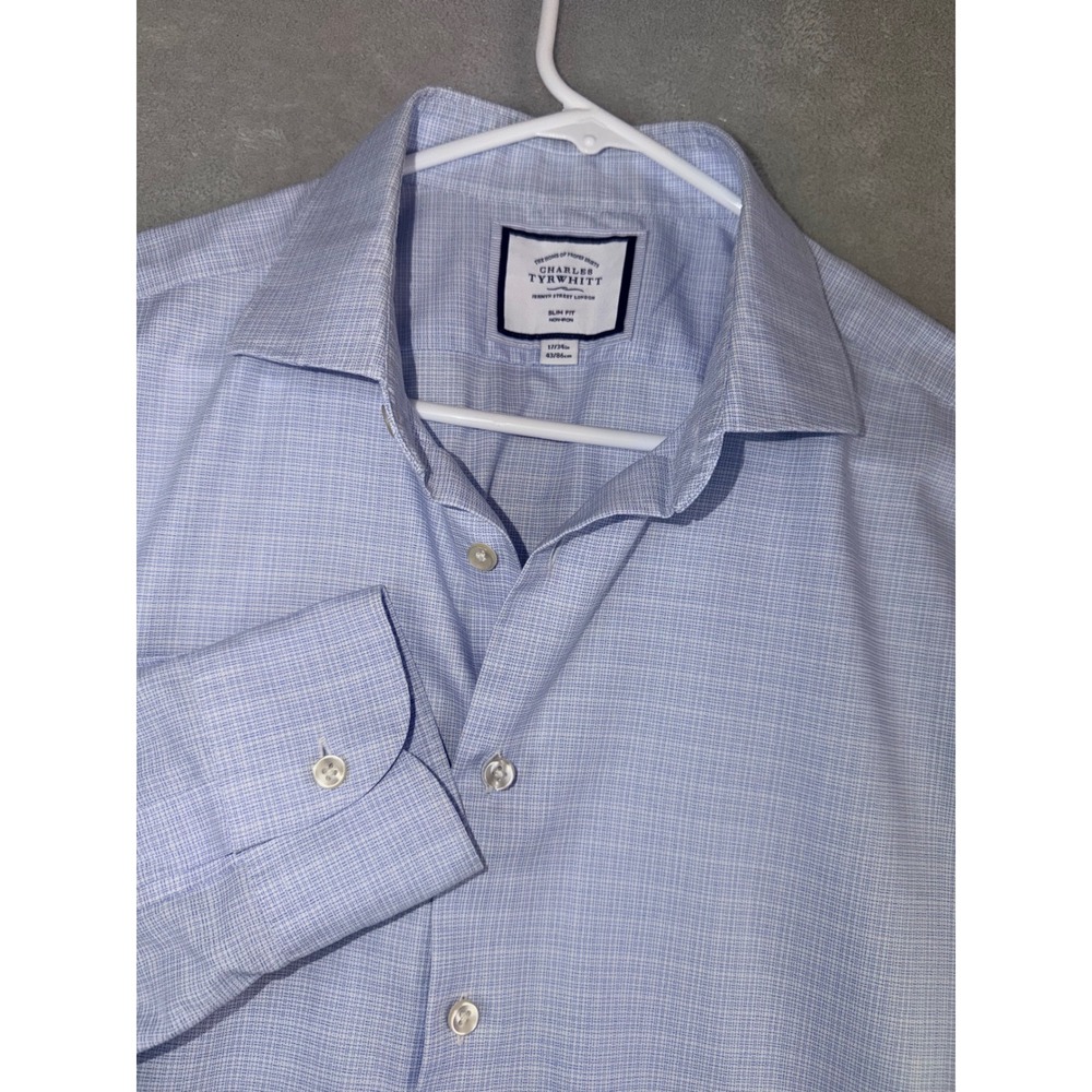 Charles Tyrwhitt Mens 17X34 Slim Fit Non-Iron Dress Shirt Light Blue Micro Check